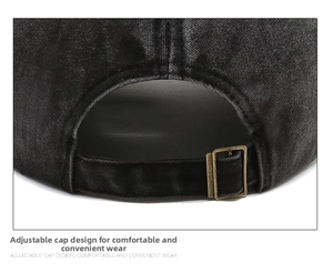 Detail of adjustable metal buckle and vintage washed denim texture on baseball cap