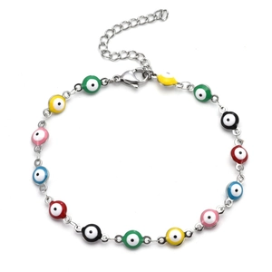 Colorful Evil Eye stainless steel bracelet with multi-color enamel beads on silver chain