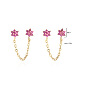 Micro-inlaid zircon flower stud earrings with chain drop in 18K gold plated finish