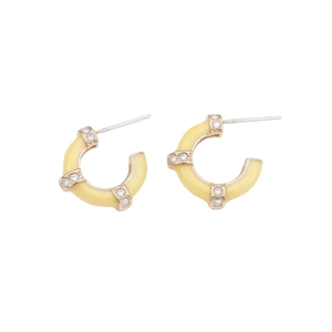 French vintage C-shaped bamboo stud earrings with crystals and light yellow enamel
