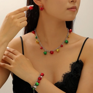 Christmas jewelry set with colorful bells necklace earrings and bracelet on silver chain