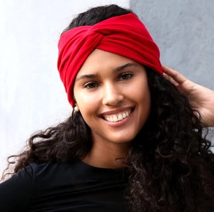 Elastic red twist yoga headband for women, stylish sweat-wicking non-slip sports hairband
