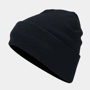 Detailed close-up of the thick ribbed vertical knit texture on this black winter beanie
