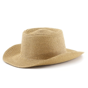 Khaki hand-woven wide-brimmed straw hat with a flat top for sun protection and beach style