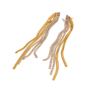 Golden multi-layer tassel earrings with flat snake chains and sparkling rhinestones