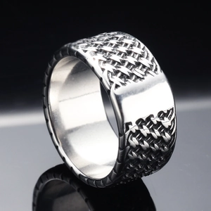 Vintage punk mesh woven stainless steel wide band ring for men with polished finish