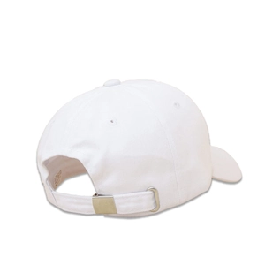 Rear view of white cotton baseball cap showing adjustable metal buckle and inner wash label