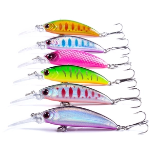 Vertical display of six colorful minnow lures with treble hooks and diving lips for fishing