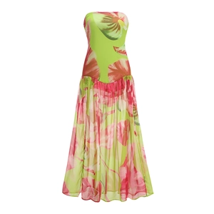 Vue détaillée d'une robe longue bustier dos nu avec imprimé floral et ourlet en mousseline
