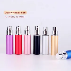 Set of 5ml matte and glossy aluminum perfume spray bottles in seven vibrant colors