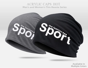 Detailed view of thin knitted beanies in black and dark grey with fashion sport print