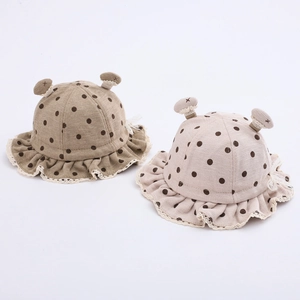 Baby girls lace polka dot bucket hats with cute 3D ears in khaki and beige cotton