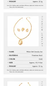 Detailed view of gold-plated globe pendant and opal earrings with titanium steel specifications