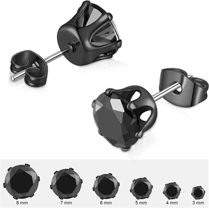 Set of black cubic zirconia crown stud earrings in sizes from 3mm to 8mm diameter