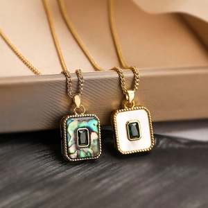 18K gold plated necklace with rectangular abalone and pearl shell geometric pendants