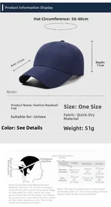 Size guide for quick-dry baseball cap showing dimensions, weight, and head circumference