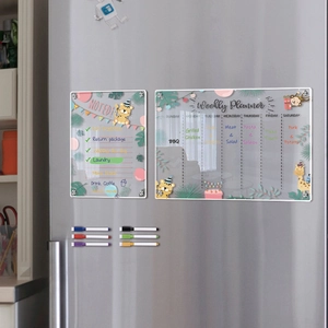 Detail of magnetic acrylic weekly planner with markers on fridge showing jungle pattern