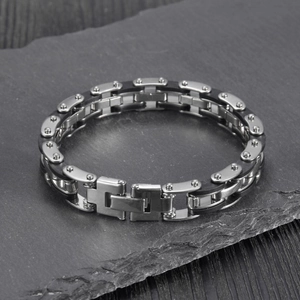 Men's multi-layer silicone and stainless steel bracelet in silver and black industrial design
