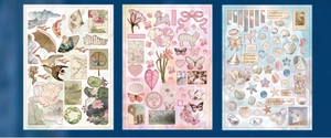 Detailed view of three decorative sticker sheets featuring landscape, floral, and sea themes
