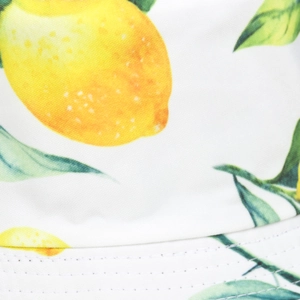 White bucket hat with yellow lemon print and high-quality double stitching detail