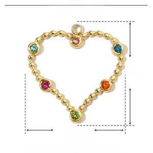 Detail view of heart-shaped stainless steel pendant with colorful rhinestones 22mm