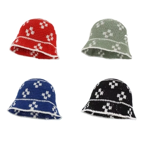 Handmade crochet bucket hat in red, green, blue and black with contrast star patterns