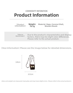 Détails du sac bohème en noix de coco montrant un poids de 76g et une largeur de 10,3 cm