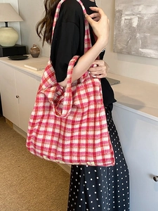 Fashionable large capacity plaid tote bag in red and pink tweed for women's daily use