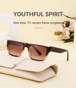 Square PC sunglasses with brown gradient lenses and premium cream leather glasses case