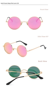 Three-way view of retro round sunglasses with gold metal frames and pink polarized lenses