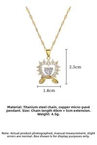 Close-up of heart pendant necklace in titanium steel with zircon inlay and dimensions