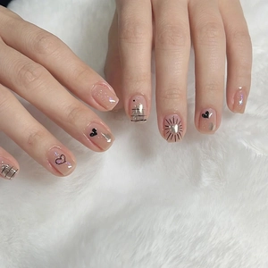 Pink Press On Nails Artificial Pearl Glitter Heart Pattern Sweet Simple Style For Women Daily Wear Manicure Art