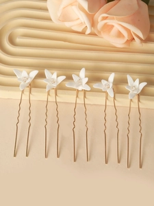 Set of five white ceramic flower hair pins with crystals and gold U-shaped metal pins
