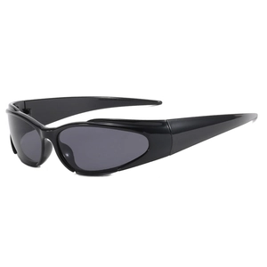Cyberpunk Y2K style wrap-around sunglasses in glossy black for sports and streetwear