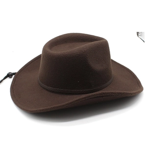Detail of dark brown wool felt cowboy hat with adjustable drawstring and braided band