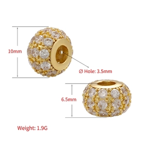 Golden micro-pave zircon bead with 10mm diameter and 3.5mm large hole for jewelry making