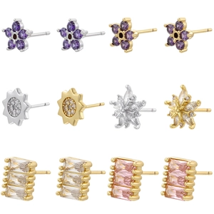 Women's Tiny Copper Zirconia Stud Earrings Flower Snowflake Eight Pointed Star Geometric Creative Personality Jewelry
