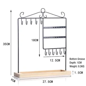 Portagioie in ferro nero con base in legno per orecchini e collane 35x27,5 cm
