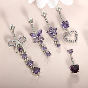 Purple zircon belly button rings in butterfly and heart shapes with silver metal finish
