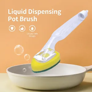 Kitchen long handle liquid soap dispensing dish brush with yellow sponge for pot cleaning