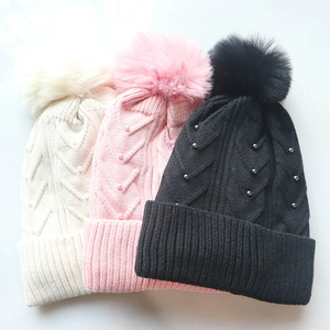 Damen Strickmütze Fleece Gefüttert Kunstfell Bommel Perlen Warm Winter Outdoor Umschlag Ski Mütze