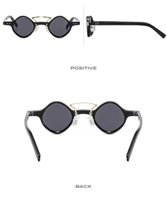 Three-way view of retro punk sunglasses with black frames and gold bridge details