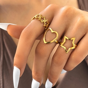 Hollow Heart Star Stainless Steel Rings Adjustable Open Fashion Gold Silver Tone Jewelry For Women Chic