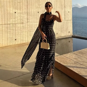 Polka Dot Maxi Dress Polyester Spaghetti Strap Ruffle Hem Backless Elegant Vacation Flowy Dress With Matching Scarf For Women