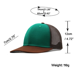 Mesh trucker hat with dimensions shown, dark green front and coffee mesh panels