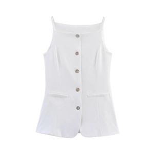 White sleeveless button-up vest top with thin straps and decorative pockets