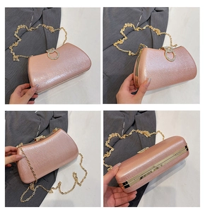 Detailed views of pink glitter evening bag with gold chain and rhinestone ring buckle