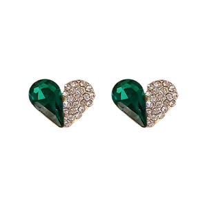Elegant gold heart earrings with emerald green crystal and pavé rhinestones in pairs