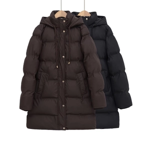 Women Puffer Jacket Polyester Quilted Hooded Thick Warm Winter Outdoor Casual Mid-Length Coat Windproof Outerwear