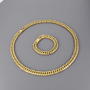 Gold stainless steel curb chain necklace and bracelet set for men with polished finish